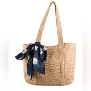 Draper James Everyday Woven Straw Neutral Tote Bag w/ Scarf Tie Preppy Summer